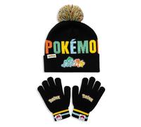 Pokémon Ensemble bonnet et gants pour garçon - Bonnet à pompon pour enfants avec gants extensibles, ensemble d'accessoires d'hiver en tricot noir, 100 % acrylique, taille unique
