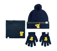Pokémon Ensemble d'hiver 3 pièces pour enfant avec Pikachu, chapeau avec pompon, cache-cou et gants, bleu marine, taille unique, élastique, chaud et doux, idée cadeau