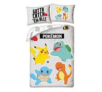 Halantex – Parure de lit Pokemon Salamèche Carapuce Pikachu Bulbizarre 140x200+70x90 Gris