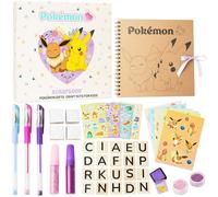Pokémon Kit Scrapbooking Enfants, All in One avec Stickers, Tampon Encreur, Lettres en Bois, Carnet Spirale et Stylos Gel, Idee Cadeau Papeterie Kawaii