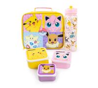 Pokémon Sac à Lunch Filles | Ensemble de 5 pièces pour enfants avec sac à dîner zippé, bouteille d'eau et pot à snacks en rose et jaune | Personnages Pikachu, Jiggly Puff, Eevee, Togepi