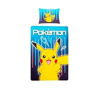 Pokemon - Parure de lit coton Enfant Pikachu Neon Lit 1 place, Housse de couette 140x200 cm, une Taie d’oreiller