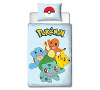 Pokémon, Parure de Lit Enfant Gamer pour Lit 1 Place, Motif Pikachu et Starters, Ensemble 2 pièces Housse de Couette Réversible 140x200 cm et Taie d'oreiller 63x63 cm, Textile Certifié Oeko TEX