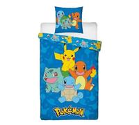 Pokémon, Parure de Lit Enfant Gamer pour Lit 1 Place, Motif Pikachu et Starters, Ensemble 2 pièces Housse de Couette Réversible 140x200 cm et Taie d'oreiller 63x63 cm, Textile Certifié Oeko TEX