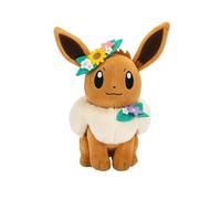 Pokémon Peluche Évoli avec Une Fleur - Peluche Eevee de 20 cm avec Un Accessoire Unique