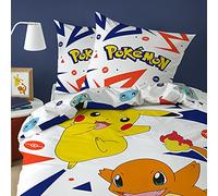 Pokemon Pika Parure de Lit Enfant 140x200 cm | 100% Coton | Oeko-TEX | Housse de Couette 1 Personne 140x200 cm + 1 Taie d'oreiller 63x63 cm Imprimées Réversibles | Blanc, Bleu
