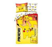 POKEMON PIKACHU 0025 Parure de lit Housse de couette 140 x 200 cm + taie d'oreiller 70 x 90 cm - Réversible - 100 % coton Oeko-Tex - Jaune