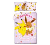 POKEMON Pikachu Eevee BESTIES FOREVER Parure de lit Housse de couette 140 x 200 cm + taie d'oreiller 70 x 90 cm - Réversible - 100 % polyester - Couleur rose
