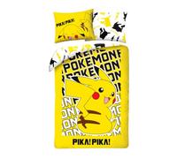 POKEMON Pikachu PIKA-PIKA Parure de lit Housse de couette 140 x 200 cm + taie d'oreiller 70 x 90 cm - Réversible - 100 % polyester - Jaune