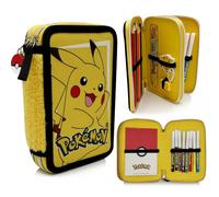 Pokémon Pikachu Plumier Double Compartiment Garni - Trousse Scolaire Complète avec Crayons de Couleur, Feutres, Carnet, Règle, Gomme et Taille-Crayon - Jaune - 19,5 x 13,5 x 4,5 cm