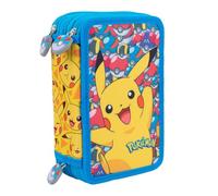 Pokémon Pikachu - Trousse triple école avec 3 compartiments à fermeture éclair | Porte-stylos enfants élémentaires et moyens - Graphique coloré et résistant [Jaune]
