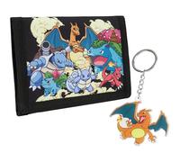 Pokémon Portefeuille Enfant Ado Portefeuille Trifold en Toile Poche ID Porte Monnaie Zippé et Porte Clés Coffret Cadeau Original Pikachu (Noir/Multi)