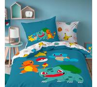 Pokémon Power Parure de lit Enfant | 100% Coton | Oeko-TEX | Housse de Couette 140x200 cm + Taie d'oreiller 63x63 cm | Imprimé Réversible Garçon (Bleu)