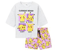 Pokémon Pyjama Fille, Pyjama Pikachu, Ensembles de Pyjama Fille Court, Ensemble 2 Pièces T-Shirt Crop Top et Short Vêtements Enfant Fille et Ado Été Coton 5-14 Ans (Gris/Rose, 9-10 Ans)