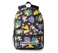 Pokémon Sac à dos Pikachu Charizard Gengar Meowth en noir | Personnage pour enfants All Over Print Bag | Bretelles réglables, poche avant et support en filet
