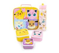 Pokémon Sac à Lunch Filles | Ensemble de 5 pièces pour enfants avec sac à dîner zippé, bouteille d'eau et pot à snacks en rose et jaune | Personnages Pikachu, Jiggly Puff, Eevee, Togepi