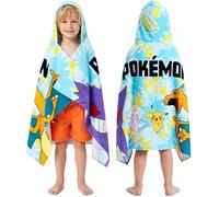 Pokémon Serviette de Bain Enfant et Ado à Capuche Poncho Piscine Coton Absorbant Anime Peignoir de Bain Enfant Piscine Douche Plage Vacances (Bleu, 6-14 Ans)