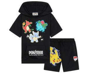 Pokémon Short à Capuche Survêtements Garçon et Ado 2 Pz Set Pikachu Manches Courtes Jogging Enfant Poches Zippées Cadeau Garcon (7-8 Ans, Noir)