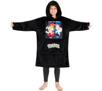 Pokémon Pull Plaid, Poncho Sweat Oversize en Polaire avec Capuche Enfant (Noir Miaouss Flambino)