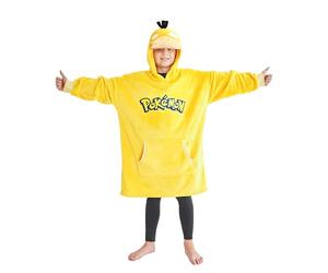 Pokémon Sweat à Capuche Oversize Enfant, Pikachu Sweat Plaid Polaire Chaud, Poche Kangourou, Pull Poncho Hiver (Jaune Psyduck)