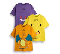 Pokémon T-Shirt Garçons Pack de 3 | Ensemble de t-Shirts Graphiques à Manches Courtes Jaune, Orange et Violet | Ensemble de vêtements Multi-Pack Pikachu Charizard Gengar Gaming | Coffret Cadeau