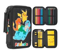 Pokémon Trousse Enfant et Ado avec Fournitures Scolaires Kit Papeterie Pikachu Trousse Double Compartiment Crayons HB Kit Dessin Coloriage (Charmander Pikachu Carapuce Bulbasaur)