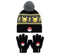 Pokemon - Winter Warm & Comfy Beanie Hat & Gloves Set for Boys - Pikachu Design - Perfect for Boys 6-12 Years