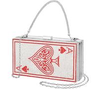 Poker Card Queen Sacs de soirée et pochettes As de pique Bling Strass Femmes Soirée Sac à main fantaisie en forme de carte, Rouge, argenté