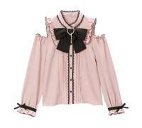 Pokn Jirai Kei Lolita Mode Cutecore Vêtements Kawaii Chemisier Gothique Chemise Femme Dentelle Maille Sheer Manches Longues Blouse, Noir/rose, M