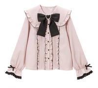Pokn Lolita Fashion Jirai Kei Fashion pour femme Cutecore épaule chemise femme Lolita dentelle maille transparente chemisier à manches longues, Noir-Rose-2, S