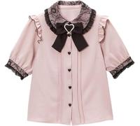 Pokn Lolita Fashion Jiraiya Kei Chemisier Lolita en dentelle à manches courtes bouffantes gothique Kawaii Haut à volants avec nœud, rose, Taille S