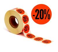 POKORNYS - Étiquettes promotionnelles « -20% » I Stickers pour marchandises à prix réduit I Lot de 1.000 autocollants de rabais en rouge vif I Adhésifs permanents, ronds, Ø 32mm