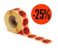 POKORNYS - Étiquettes promotionnelles « -25% » I Stickers pour marchandises à prix réduit I Lot de 1.000 autocollants de rabais en rouge vif I Adhésifs permanents, ronds, Ø 32mm