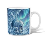 Polar Bear And Cub Arctic Nature Art Winter Tasse à café en céramique 325 | Thème de la faune arctique, gobelet, horizon d'aurore boréale, accents de cristal de glace glacée, illustration inspirée de