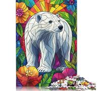 Polar Bear in Floral Stained Glass Puzzles 1000 Pieces Cadeau Unique Jeu Éducatif Défi Jouet À De Qualité Supérieure Peinture Art pour Adultes Et Enfants À Partir De 12 Ans 1000pcs (75x50cm)