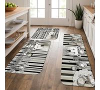 Polar Bear Lot de 3 tapis de cuisine doux pour sol Motif rayures noires et blanches Tapis de décoration rembourré confortable lavable antidérapant pour évier de cuisine, buanderie, salle de bain