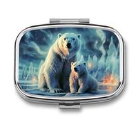 Polar Bears Boîte à pilules portable à 2 compartiments avec miroir pour sac à main de voyage Mini organiseur de médicaments en métal pour vitamines et huile de poisson