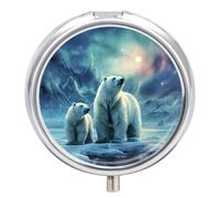 Polar Bears Boîte à pilules ronde à 3 compartiments avec miroir - Petit pilulier de voyage - Joli organiseur de vitamines - Portable - Pour sac à main