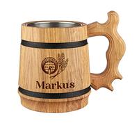 polar-effekt Chope à bière avec nom gravé - En bois de chêne - Volume de la capacité : 500 ml - Produit naturel 19,5 cm - Cadeau pour hommes - Anniversaire et Noël - Motif tonneau avec épis