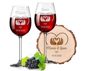 polar-effekt Coffret cadeau 3 pièces en verre à vin rose + disque en bois gravé personnalisé Motif cygne Volume 460 ml