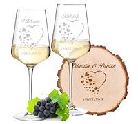 polar-effekt Leonardo Puccini Lot de 3 verres à vin blanc 560 ml + disque d'arbre - avec gravure personnalisée - Motif cœur avec petits cœurs, 1 disque d'arbre - Homme, femme