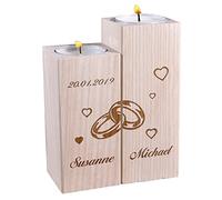 polar-effekt Lot de 2 bougeoirs en bois avec gravure personnalisée - Motif : anneaux entrelacés - Idée cadeau parfaite - Produit naturel - Décoration de table - Résistant - Pour mariage, anniversaire
