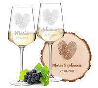 polar-effekt Lot de 3 verres à vin Leonardo Puccini - 560 ml - Avec disque d'arbre en bois d'aulne - Motif cœur - Gravure au choix - Anniversaire de fiançailles - Cadeau pour couples