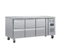 Polar Refrigeration Table réfrigérée à six tiroirs 300W acier inoxydable, -2°C à 8°C, 860(H) x1795(W) x700(D) mm, refroidissement par air forcé, classe énergétique B, verrouillable Roulettes, DA548