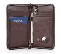 Polare Portefeuille de voyage familial en cuir pleine fleur pour passeport et documents avec blocage RFID pour 6 passeports pour homme et femme, Café avec fente AirTag, Classique