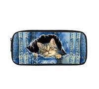 POLERO Jolie trousse à crayons pour enfants, fournitures scolaires, trousse à crayons pour filles et garçons avec fermeture éclair, Imprimé chat en denim, Taille unique, Cartable