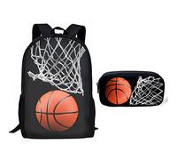 POLERO Lot de 2 cartables de basket-ball pour garçons et filles avec imprimé ballon de sport et trousse à crayons pour l'école, Ballon de basket., Taille unique, Ensemble cartable