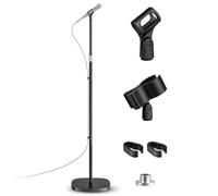 POLESTO Support de Microphone - Pied de Micro Universel avec Base Ponderée Compacte, 2 Clipss Universels, Hauteur Réglable de 55 à 170 cm Pour Karaoké, Spectacles, Animations en Extérieur et Scènes