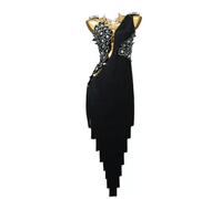 POLGDW Robe De Danse De Concours De Salsa À Franges Et À Clapet Robes Latines Haut De Gamme pour Femmes Costume De Pratique du Tango Creux pour La Rumba Jupe De Performance Cha Cha À Col en V,B,XS