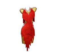 POLGDW Robe De Spectacle De Danse Latine pour Femmes Jupe De Concours De Salsa À Franges Et À Clapet Costume De Tango À Col en V Robe De Danse De Salon sans Manches avec des Strass,E,3XS